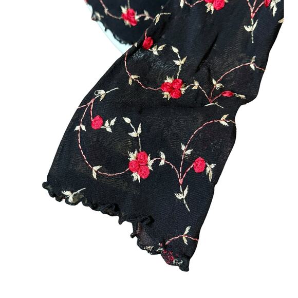 Vintage 90s Y2K Shirt Women Medium Black Mesh Lettuce Hem Sheer Floral Red Rose - Picture 8 of 11